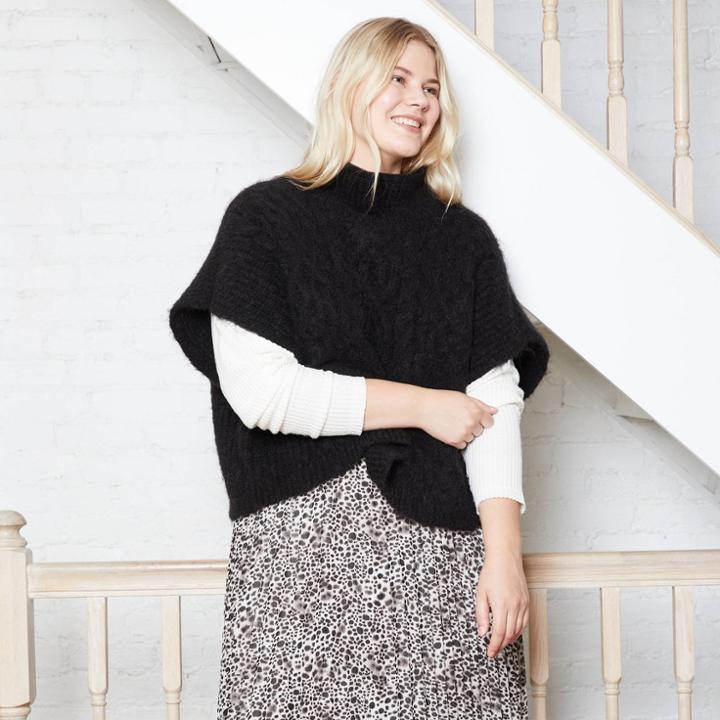 Women's Plus Crew Neck Belted Poncho - A New Day Black