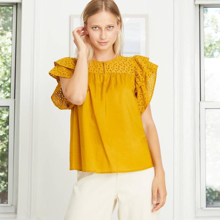 Women's Short Sleeve Eyelet Top - A New Day Olive Yellow Xs, Green Yellow