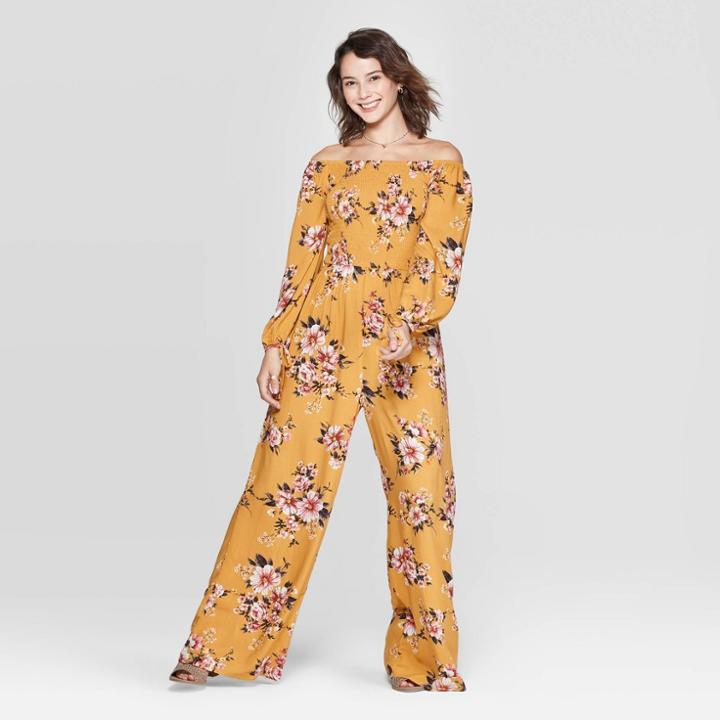 Women's Floral Print Long Sleeve Off The Shoulder Smocked Top Jumpsuit - Xhilaration Mustard Xs, Women's, Yellow