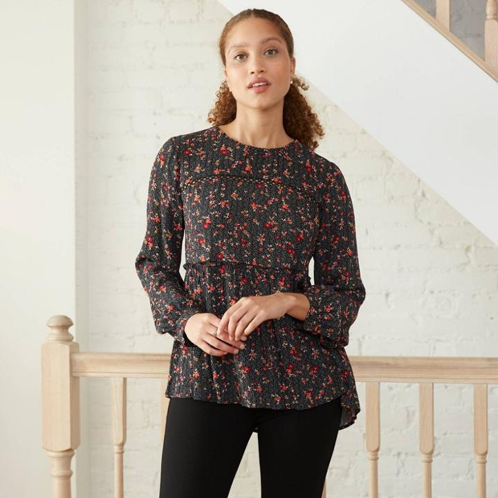 Women's Floral Print Long Sleeve Babydoll Top - Knox Rose Black