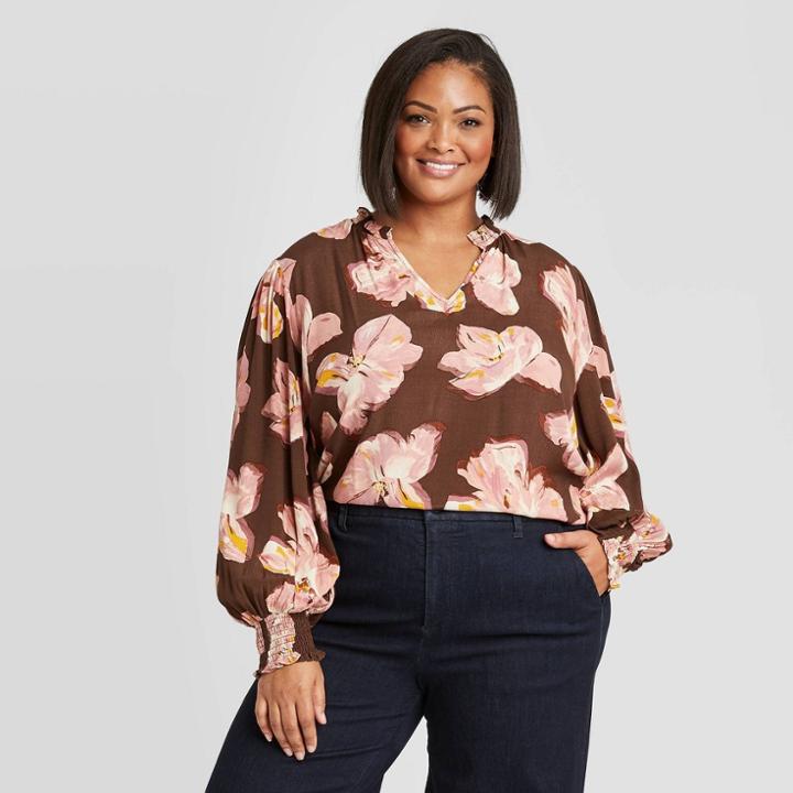 Women's Plus Size Floral Print Long Sleeve Blouse - A New Day Brown