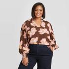 Women's Plus Size Floral Print Long Sleeve Blouse - A New Day Brown