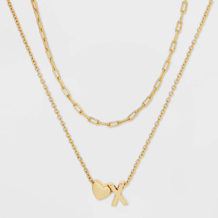 14k Gold Dipped 'x' Initial With Heart Chain Necklace - A New Day Gold
