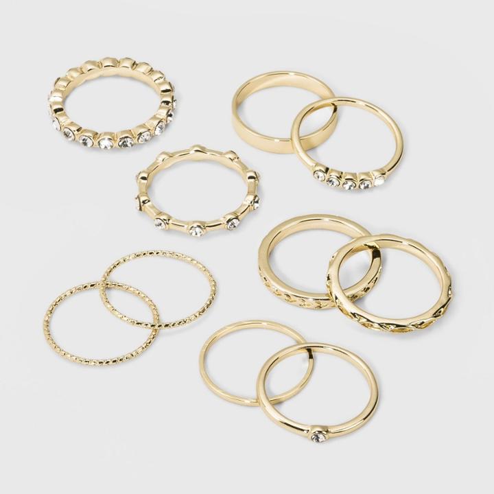 Casted Metal, Acrylic Crystal Stone Multi Ring Set 10pc - Wild Fable Gold, Bright Gold