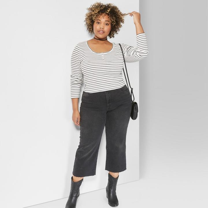 Women's Plus Size Striped Long Sleeve Henley Button Scoop Neck T-shirt - Wild Fable Black/white