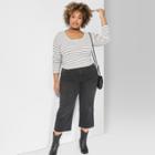 Women's Plus Size Striped Long Sleeve Henley Button Scoop Neck T-shirt - Wild Fable Black/white