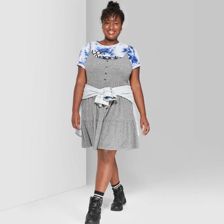 Target Women's Plus Size Strappy Scoop Neck Button-front Tiered Knit Swing Dress - Wild Fable Gray