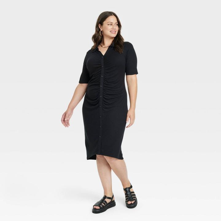 Women's Plus Size Short Sleeve Shirred Button-down T-shirt Dress - Ava & Viv Black X
