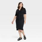 Women's Plus Size Short Sleeve Shirred Button-down T-shirt Dress - Ava & Viv Black X