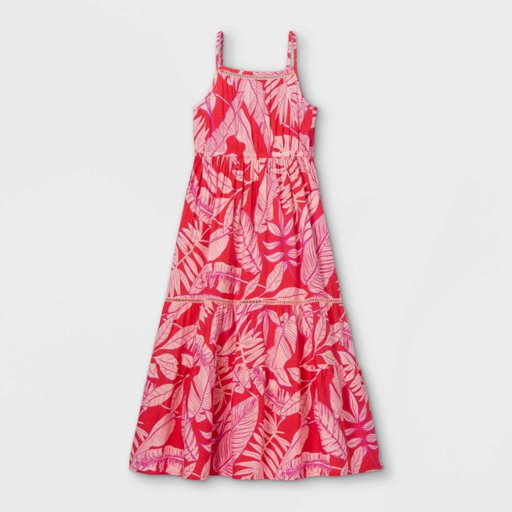 Girls' Palm Print Sleeveless Woven Maxi Dress - Cat & Jack Coral