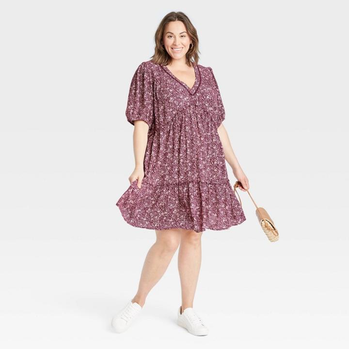Women's Plus Size Short Sleeve Tiered Dress - Knox Rose Purple Floral