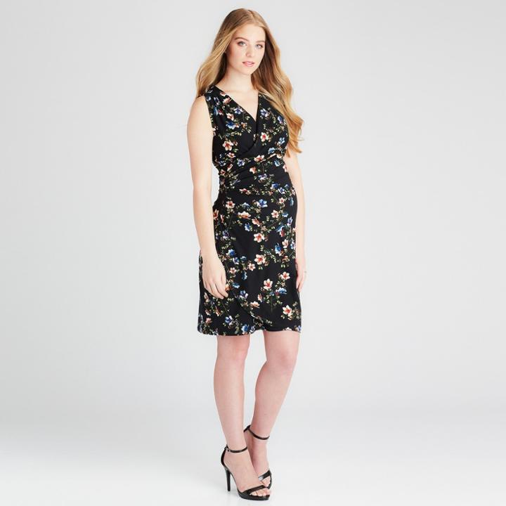 Maternity Floral Print Faux Wrap Nursing Dress - Expected By Lilac Black