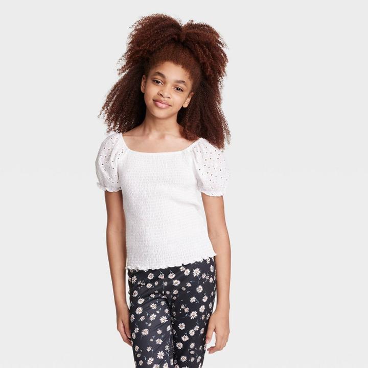 Girls' Smocked Bodice Puff Sleeve Woven Top - Art Class White