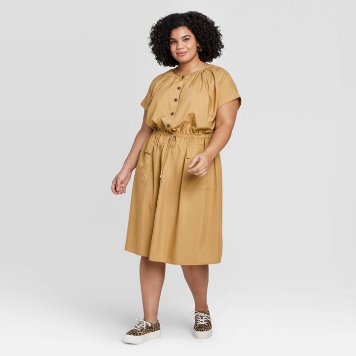 Women's Plus Size Short Sleeve Utility Dress - A New Day Tan 1x, Women's,