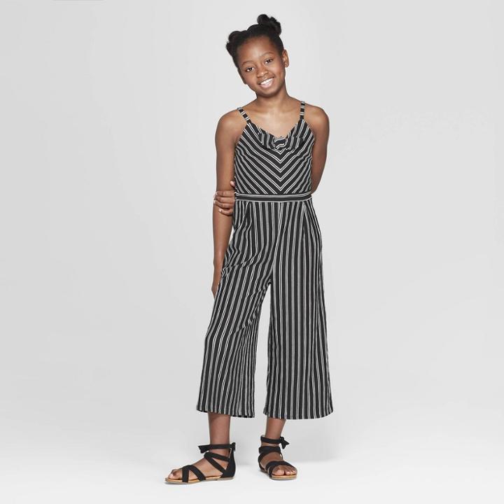Girls' Front Knot Knit Jumpsuit - Art Class Black/white