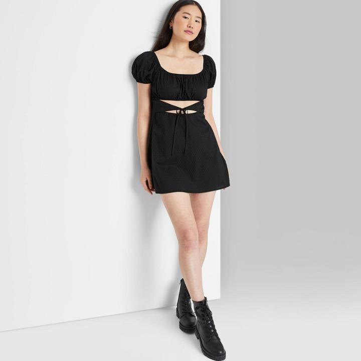 Women's Short Sleeve Cut Out Woven Fit & Flare Dress - Wild Fable Black