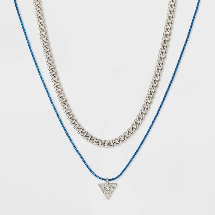 Evil Eye Rhodium Triangular Charm Chain Necklace - Wild Fable Blue