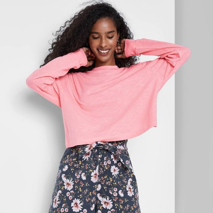 Women's Long Sleeve Boxy T-shirt - Wild Fable Pink