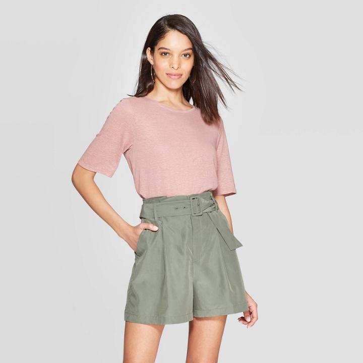 Women's Elbow Sleeve Linen Crewneck Basic T-shirt - A New Day Rose (pink)