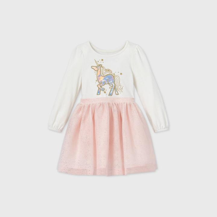 Toddler Girls' Unicorn Sparkle Tulle Long Sleeve Dress - Cat & Jack Cream
