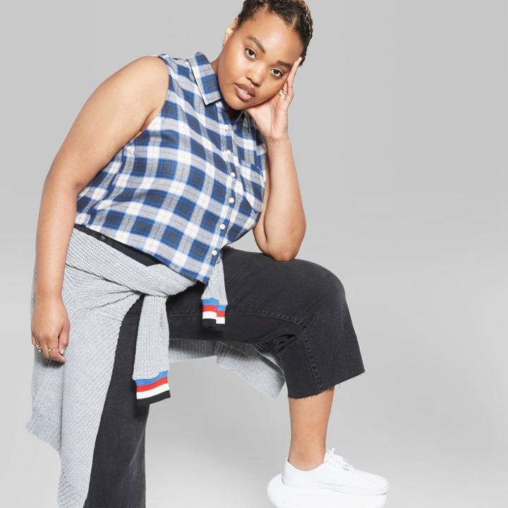 Women's Plus Size Plaid Sleeveless Flannel Button-down Shirt - Wild Fable Navy