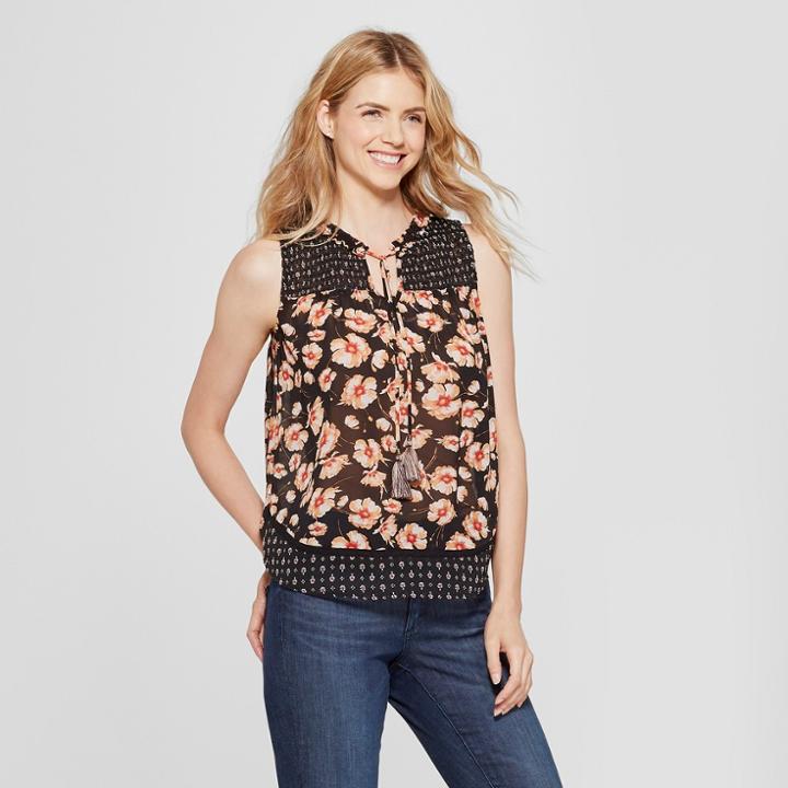 Women's Floral Print Smocked Tank - Knox Rose Black