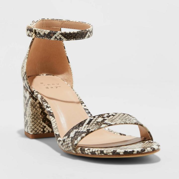 Women's Michaela Snake Print Mid Block Heel Sandal - A New Day Taupe