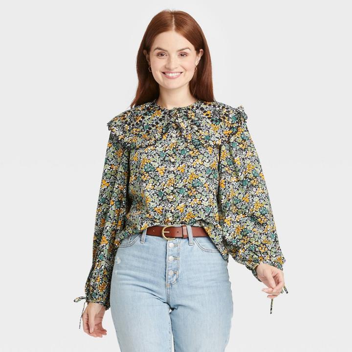 Women's Balloon Long Sleeve Embroidered Button-down Shirt - Universal Thread Floral