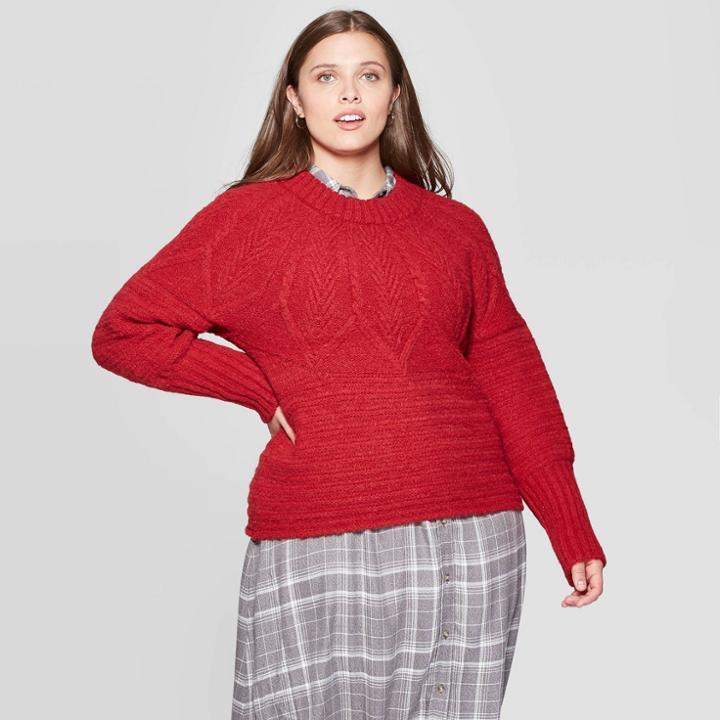 Women's Plus Size Long Sleeve Crewneck Femme Pullover Sweater - Universal Thread Red