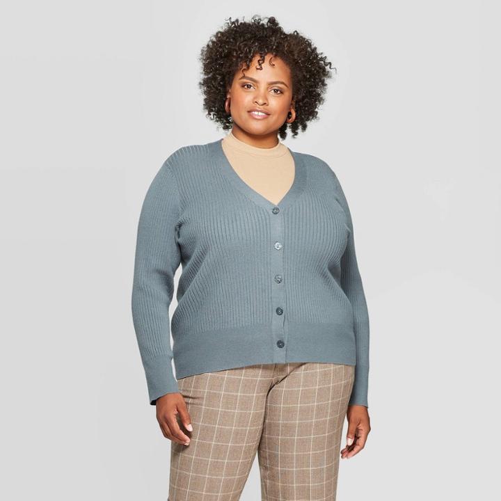 Women's Plus Size Long Sleeve Light Weight Rib Cardigan - A New Day Teal 1x, Size: