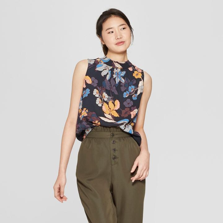 Women's Floral Print Mock Neck Tank Top - Who What Wear Black/pink Xl, Black/pink Floral