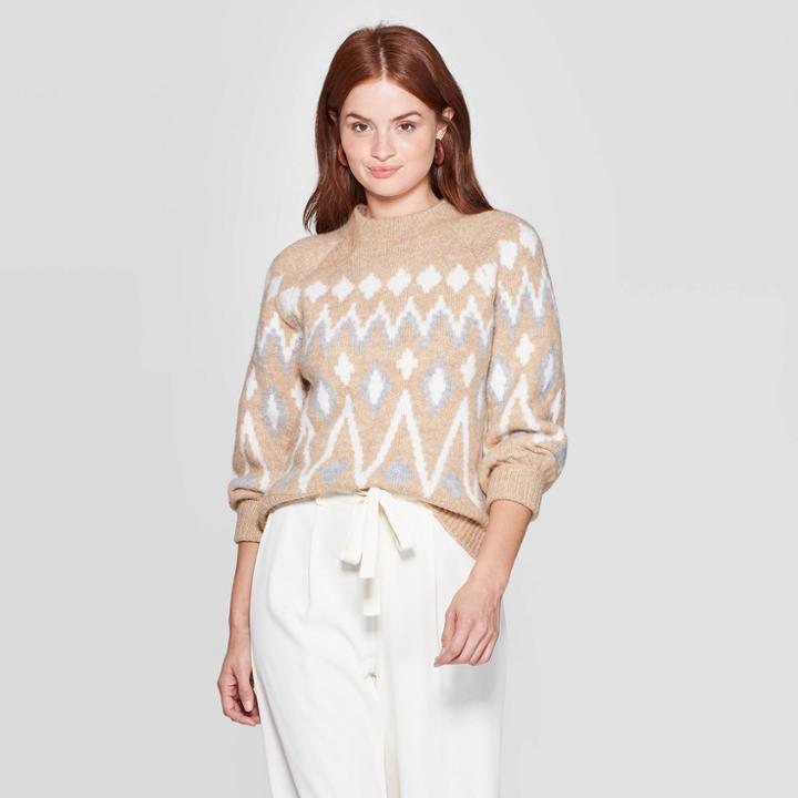 Women's Fair Isle Print Crewneck Long Sleeve Pullover Sweater - A New Day Cream L, Women's, Size: