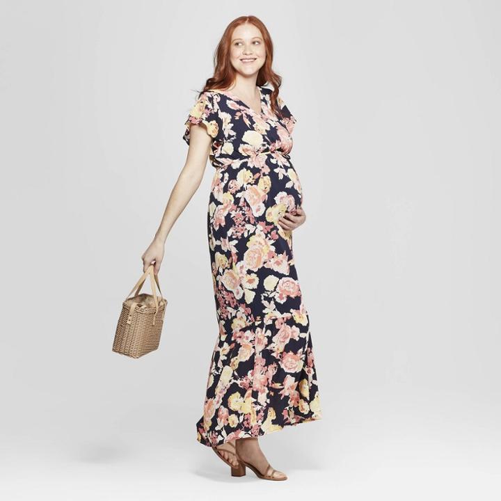 Maternity Floral Print Flutter Sleeve Maxi Dress - Isabel Maternity By Ingrid & Isabel Navy M, Infant Girl's, Blue
