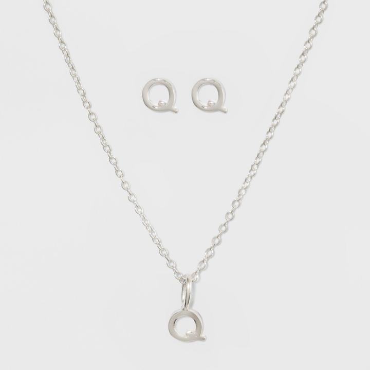 Sterling Silver Initial Q Earrings And Necklace Set - A New Day Silver, Girl's,