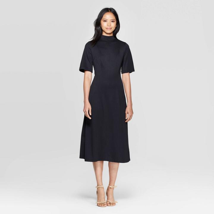 Women's Short Sleeve Cowl Neck Back Tie A Line Midi Dress - Who What Wear Black
