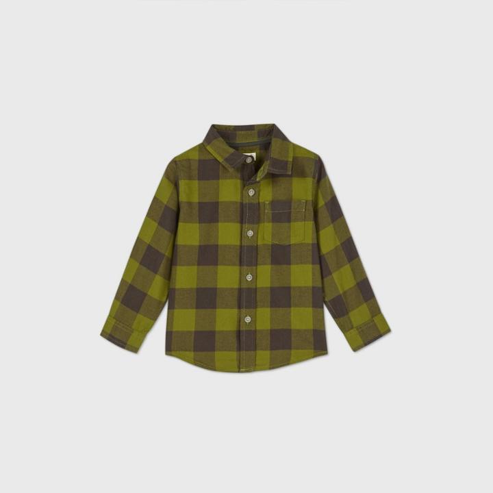 Toddler Boys' Long Sleeve Woven Plaid Button-down Shirt - Cat & Jack Olive Green 12m, Green/green