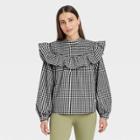Women's Long Sleeve Ruffle Yoke Top - A New Day Black Gingham Check