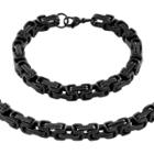 West Coast Jewelry Men's Stainless Steel Plated Byzantine Chain Necklace And Bracelet Set - Black, Size: Small, Black/silver/silver