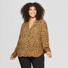 Women's Plus Size Striped Long Sleeve V-neck Button-up Blouse - Who What Wear Brown Leopard Print