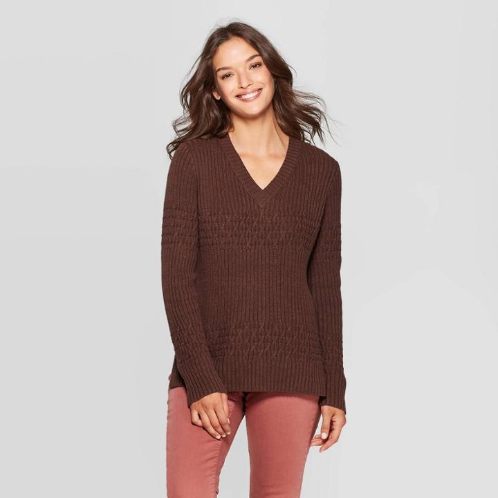 Women's Long Sleeve V-neck Pullover Sweater - Universal Thread Brown M,