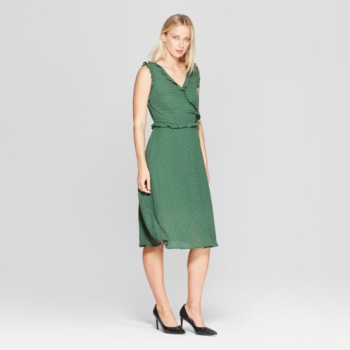 Women's Polka Dot Sleeveless Ruffle Detail Wrap Maxi Dress - Who What Wear Green