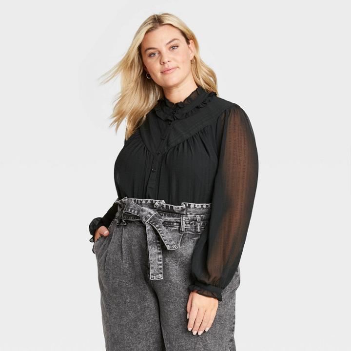 Women's Plus Size Balloon Long Sleeve Ruffle Blouse - Who What Wear Black