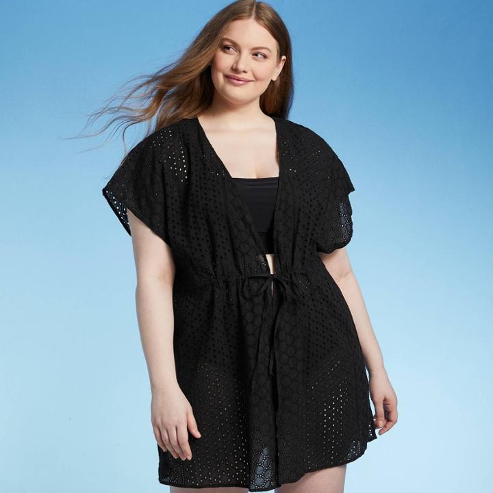 Women's Plus Size Tie-front Eyelet Crochet Cover Up Dress - Kona Sol Black