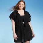 Women's Plus Size Tie-front Eyelet Crochet Cover Up Dress - Kona Sol Black