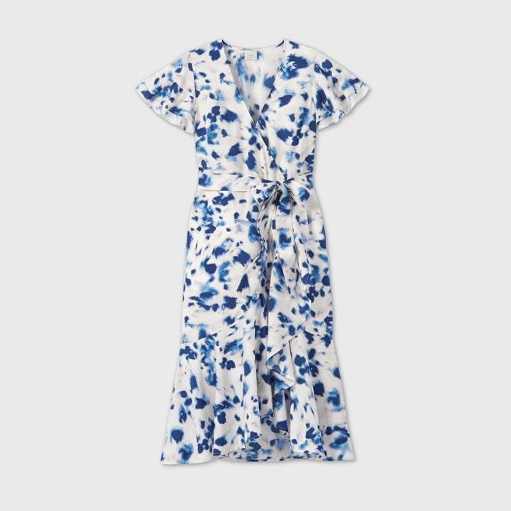 Women's Floral Print Flutter Short Sleeve Wrap Dress - A New Day White