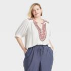 Women's Plus Size Short Sleeve V-neck Button-front Embroidered Top - Knox Rose Ivory