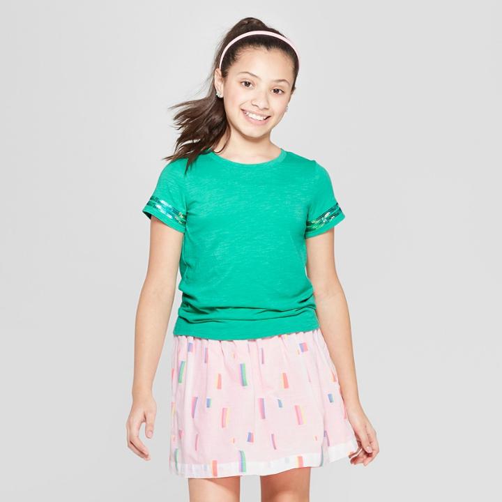 Girls' Short Sleeve Sequin Striped T-shirt - Cat & Jack Green