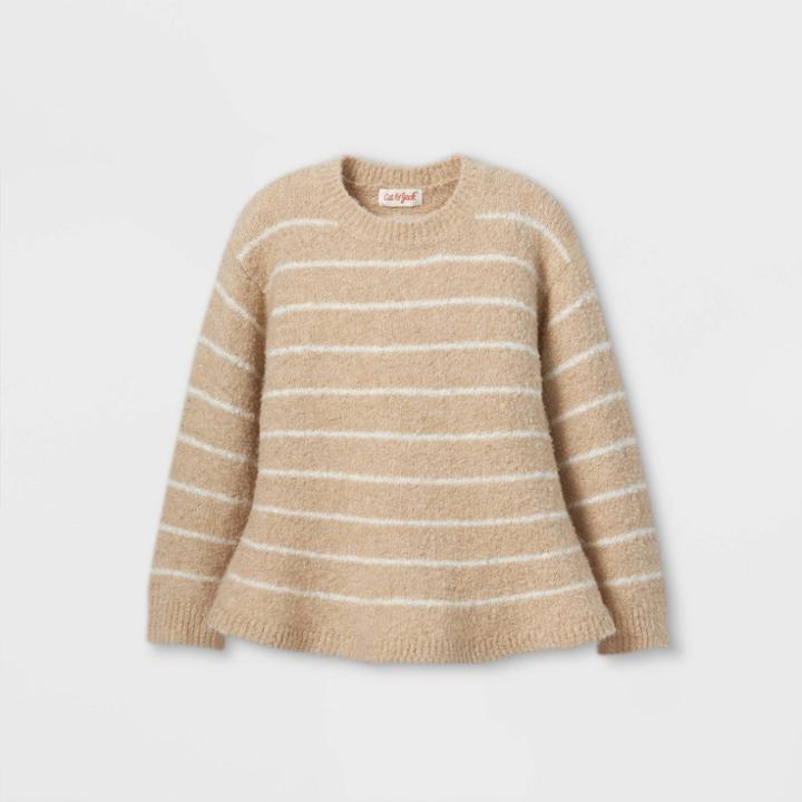 Toddler Girls' Striped Peplum Pullover Sweater - Cat & Jack Oatmeal 12m, Grey/white