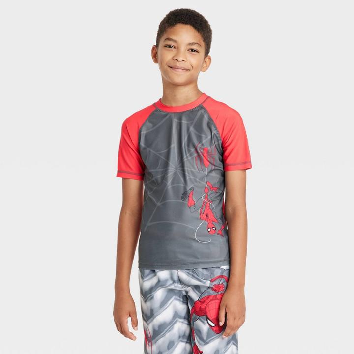 Boys' Spider-man Short Sleeve Rash Guard Swimsuit Top - Gray