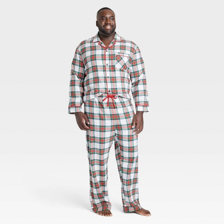 Men's Big & Tall Holiday Tartan Plaid Flannel Matching Family Pajama Set - Wondershop Cream